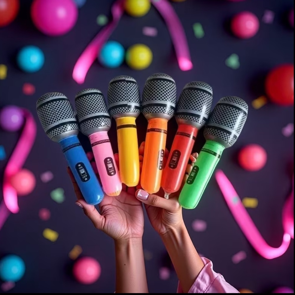 6 Colorful Inflatable Toy Microphone Set Blowup Karaoke Mic Birthday Bach Party